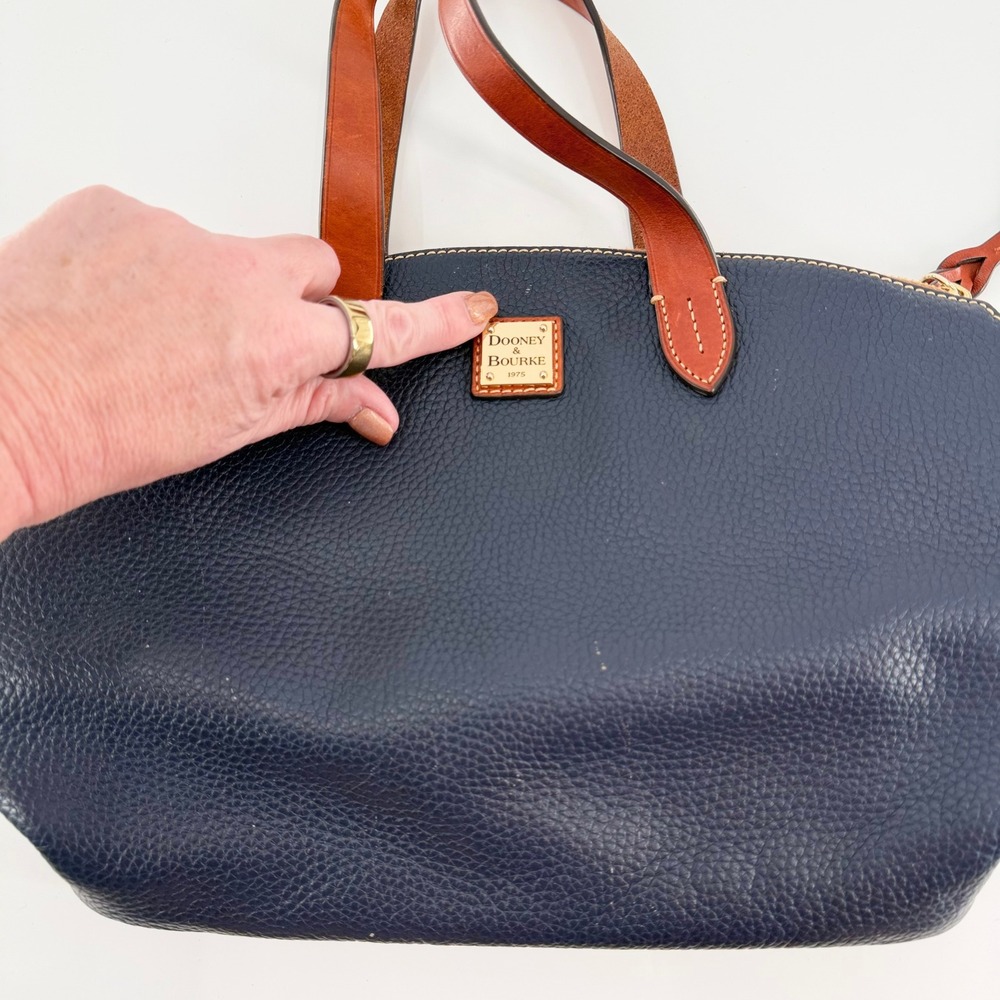 DOONEY & BOURKE Navy Blue Pebble Grain Leather Satchel Handbag Zip Top Tote - Picture 9 of 13